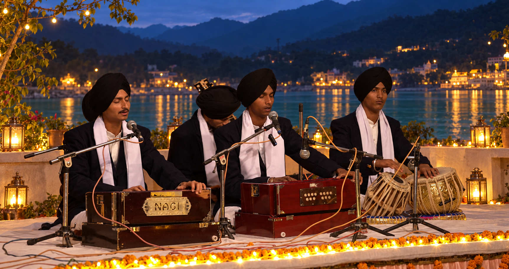 Sikh devotional musicians performing shabad kirtan beside the Ganges