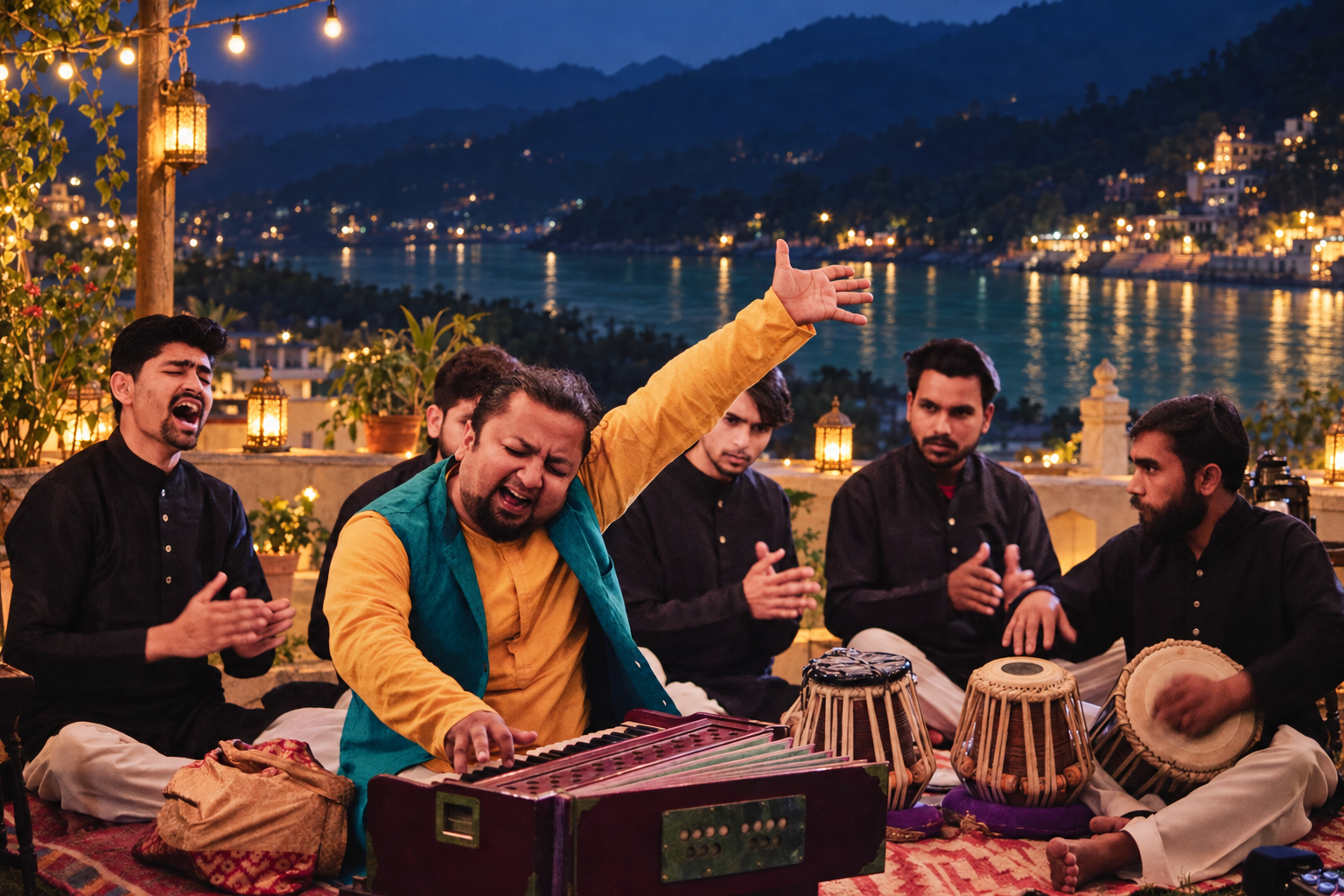 Sufi qawwals performing sacred music beside the Ganges