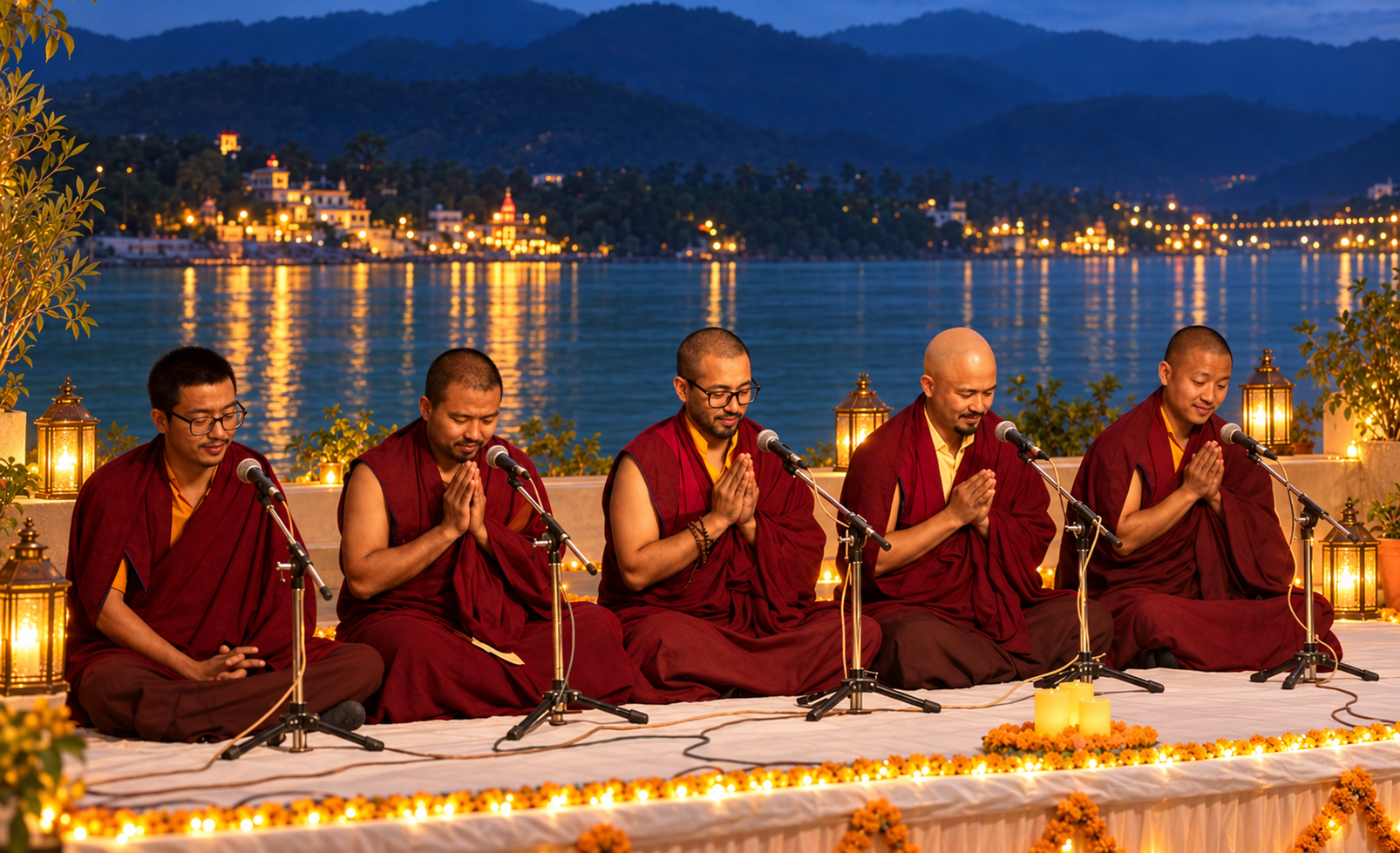 Tibetan Buddhist monks offering sacred chants beside the Ganges